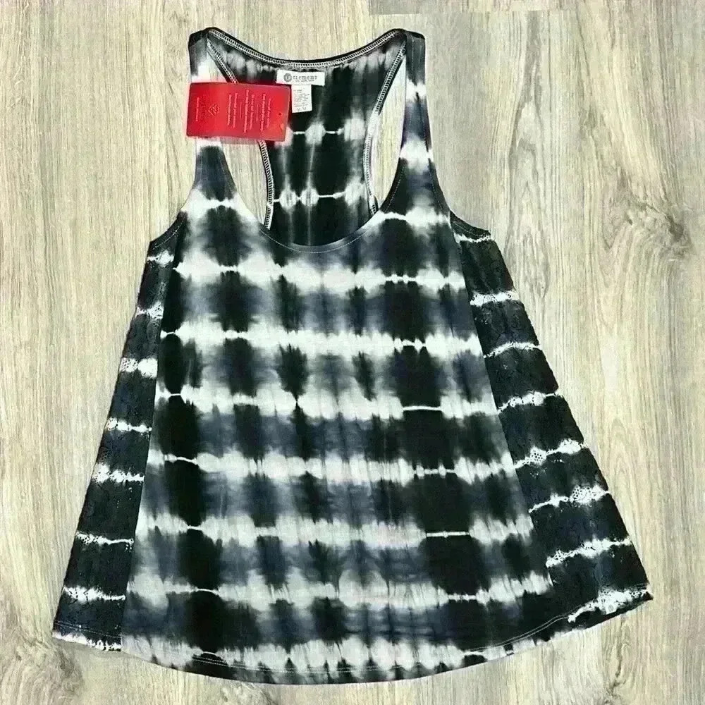NWT Element Tank Top Evereve Black White Tie Dye Lines Shirt Lace Viscose Size M
